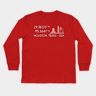 Houston Map Coordinates (latitude and longitude) focused on Chase Tower - white text + image Kids Long Sleeve T-Shirt